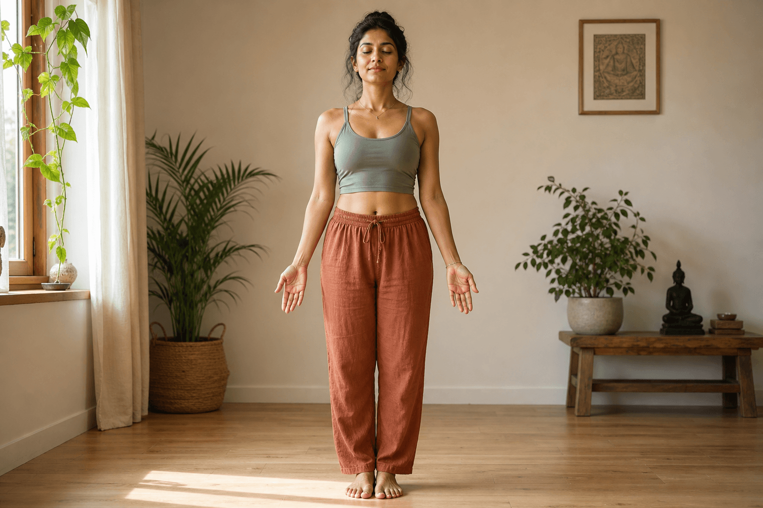 Chakra racine Muladhara : signification et symboles 2 Femme sud-asiatique en posture de la Montagne Tadasana pieds nus, yoga ancrage chakra racine