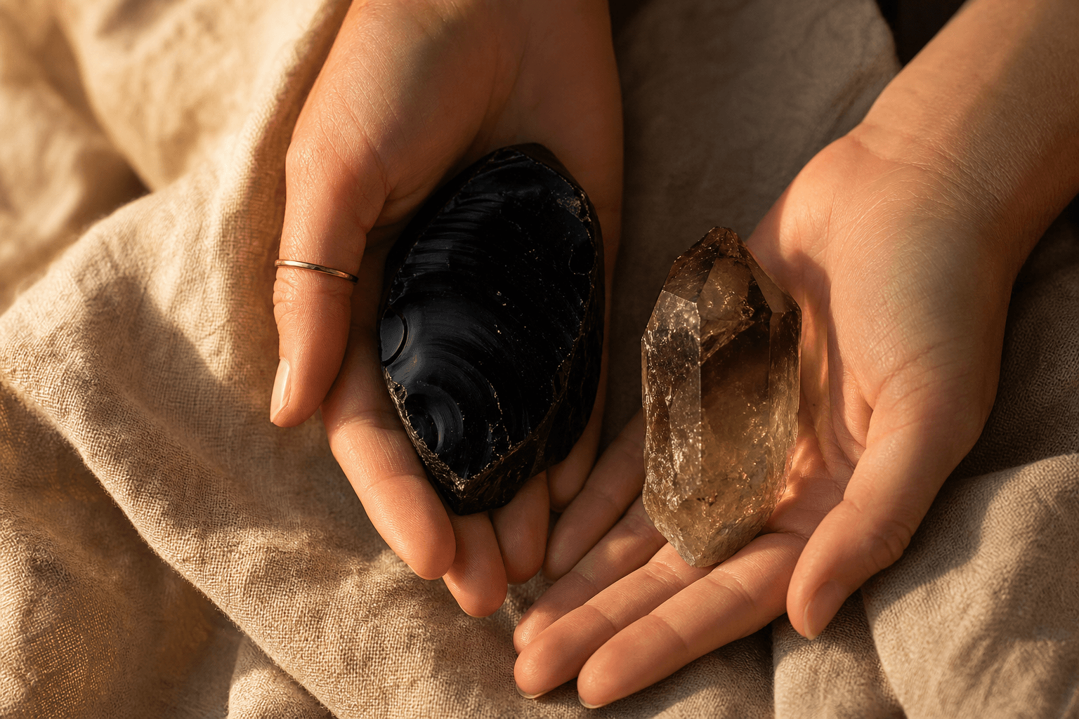 Chakra racine Muladhara : signification et symboles 3 Mains tenant une pierre obsidienne noire et un quartz fumé sur lin naturel, lithothérapie chakra racine