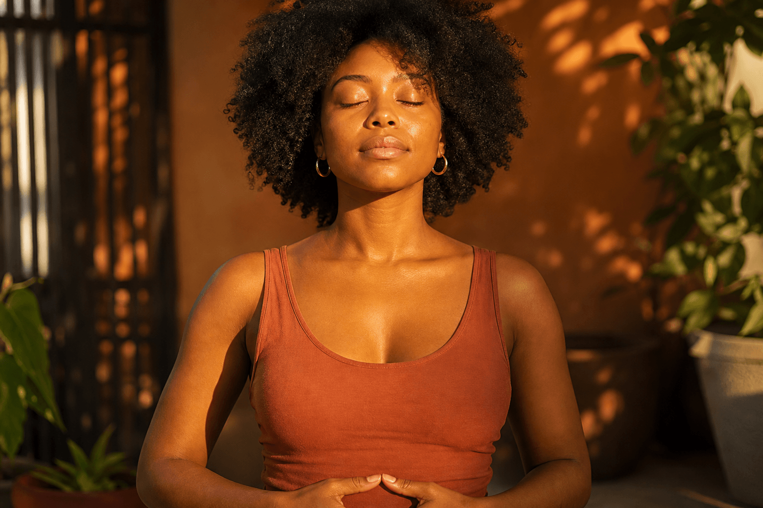 5 pratiques pour rééquilibrer le chakra sacré 1 Femme en méditation profonde, mains sur le bas-ventre, chakra sacré lumière dorée