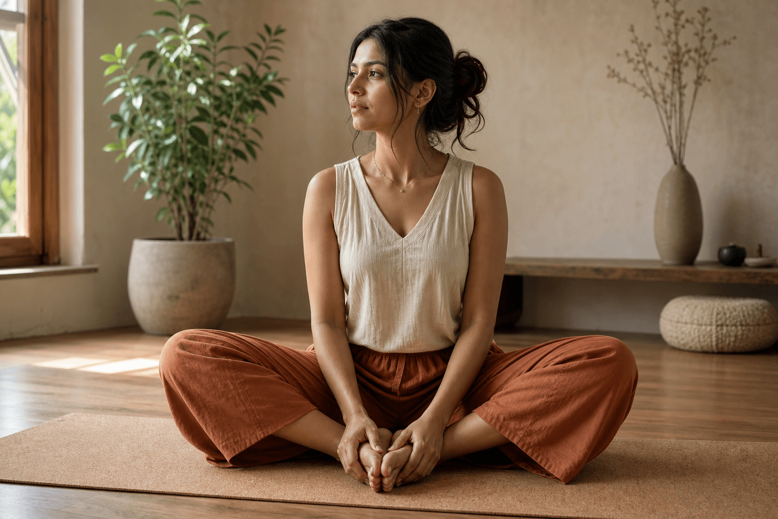 5 pratiques pour rééquilibrer le chakra sacré 2 Femme en posture du papillon sur tapis de yoga, ouverture des hanches chakra sacré