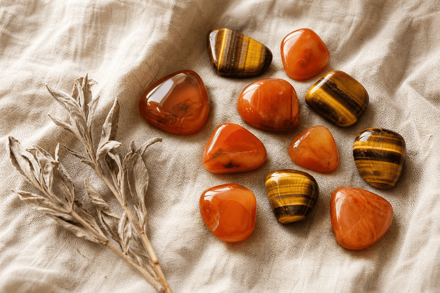 5 pratiques pour rééquilibrer le chakra sacré 3 Pierres de cornaline et oeil de tigre sur tissu lin, lithothérapie chakra sacré