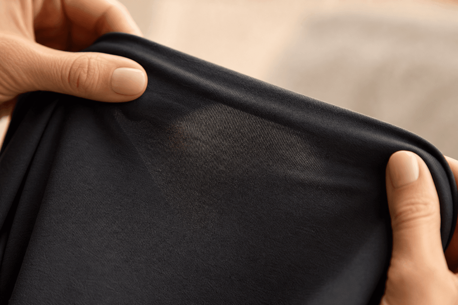 5 critères pour bien choisir votre pantalon de yoga 1 Gros plan sur tissu de legging yoga noir étiré entre deux mains, texture polyester, fond beige neutre - matière legging yoga
