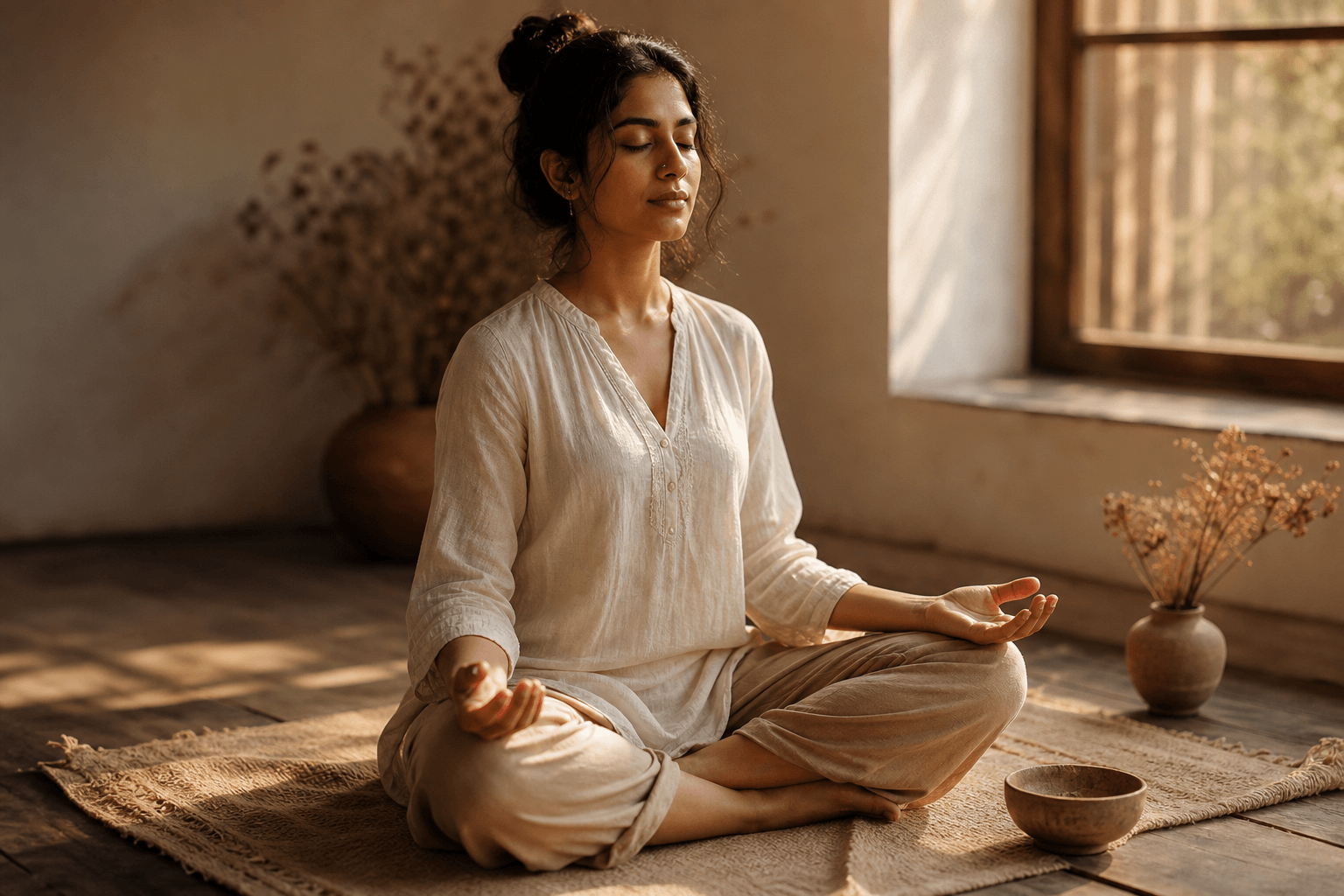 Les 7 chakras du corps : rôles, pratiques et significations 2 Femme sud-asiatique en meditation paumes ouvertes lumiere doree matinale signification des 7 chakras yoga