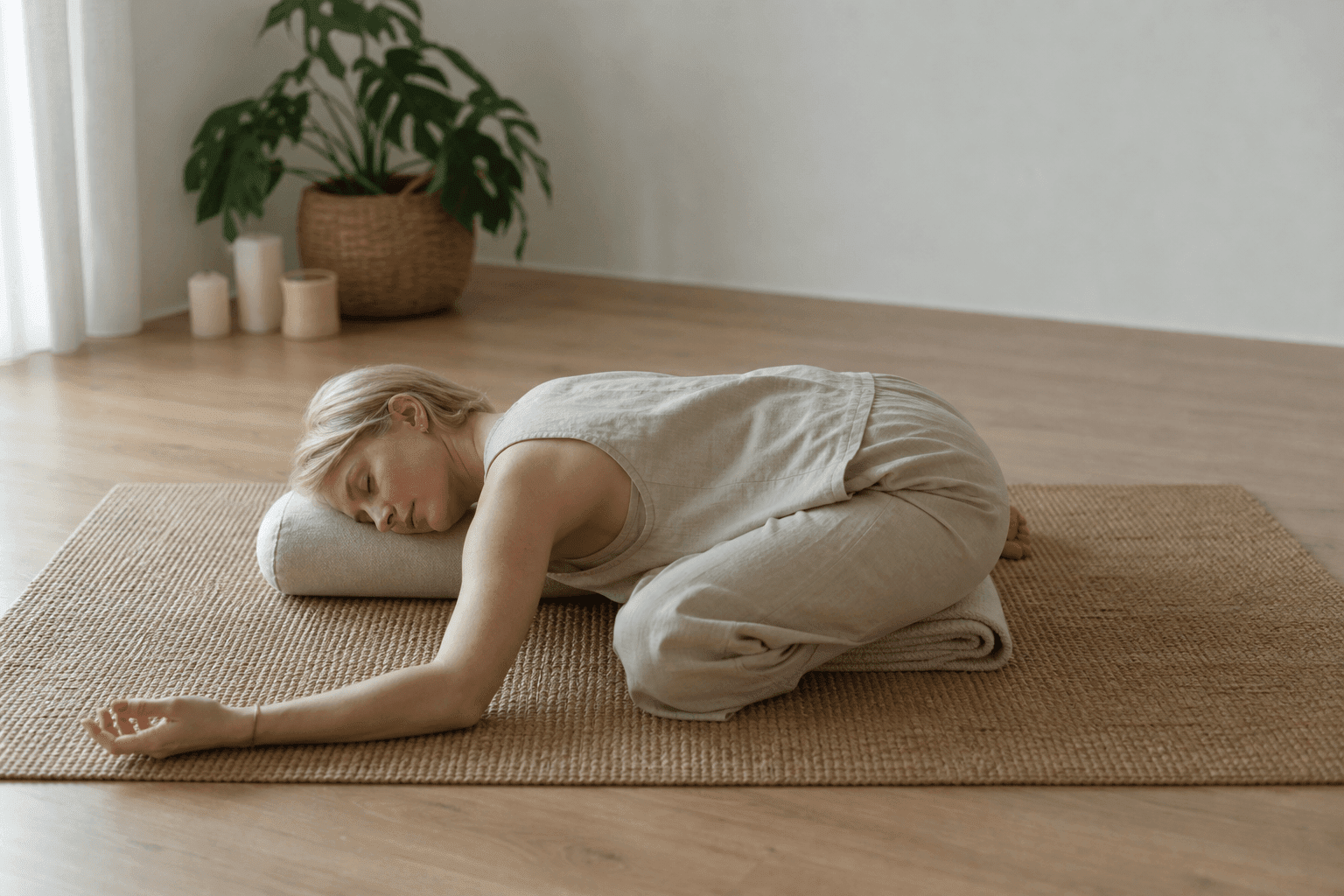 Quel type de yoga choisir ? 2 Femme en posture yin yoga passive totalement relâchée tapis naturel lumière douce yoga restauratif lâcher-prise