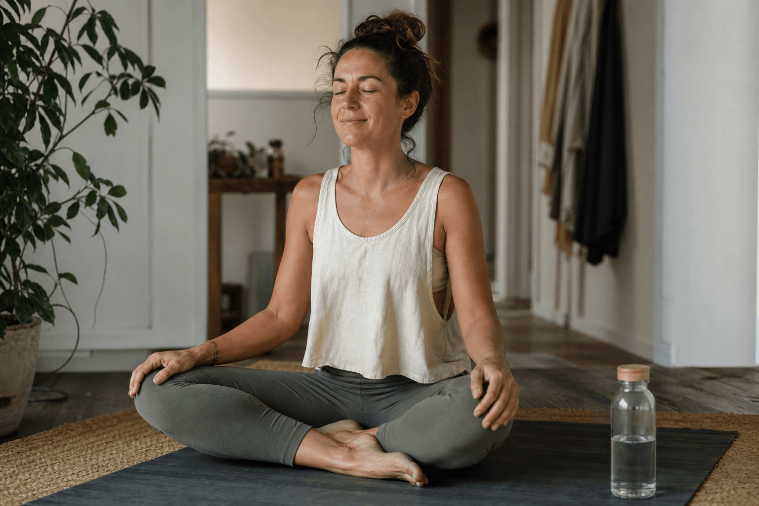 Vinyasa yoga : origines, principes et guide complet 3 Femme assise sur tapis après séance vinyasa yoga, sourire apaisé, lumière naturelle, bien-être post-pratique